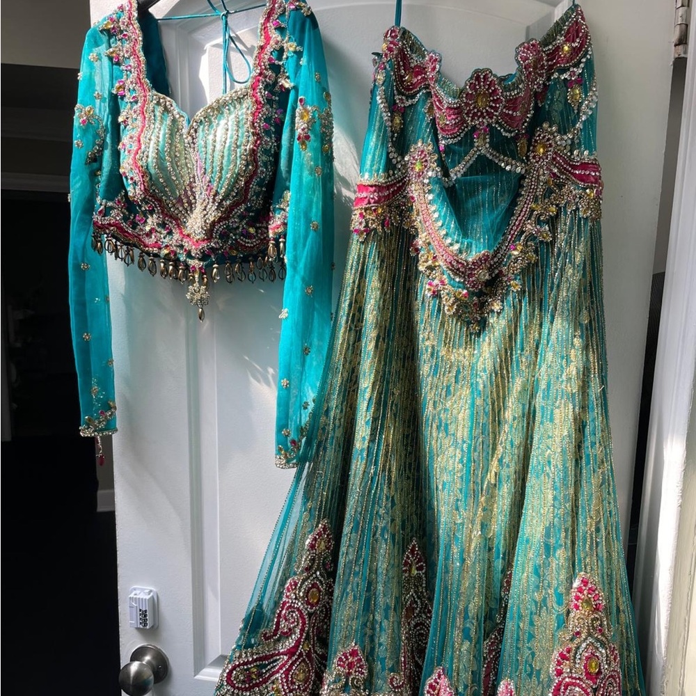 Embellished Teal and Pink Top Lengha - Picture 2 of 13